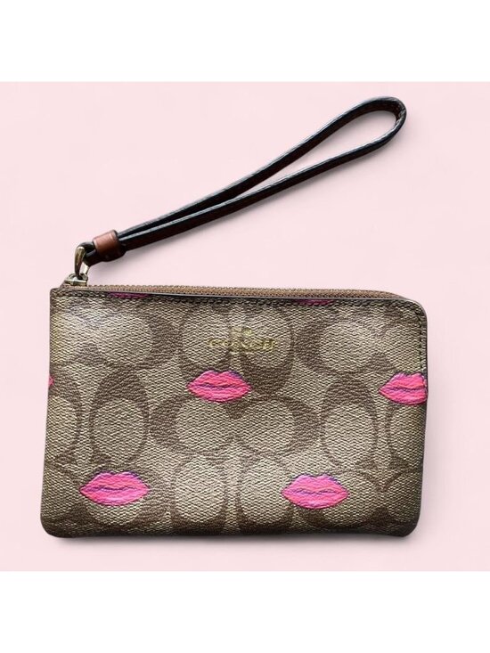 Coach Handbags - Coach Brown Signature C Canvas Lip Print Wristlet Flirty Luxury Dainty Kisses
